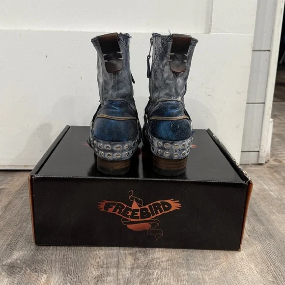 Freebird Metallic Blue Ramone Motorcycle Studded Harness Moto Boots 8 - Picture 4 of 11
